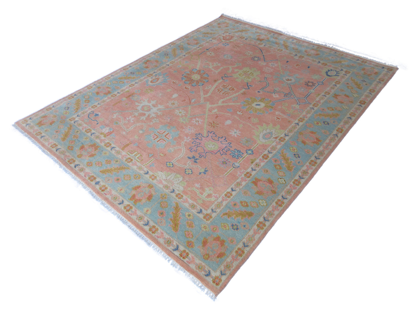 Handmade 10x8 ft Rug Pink and Blue Floral Oriental Wool Carpet - Living Room,