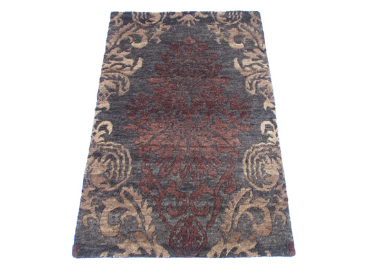 3x2 ft Luxurious Dark Floral Wool Area Rug - Charcoal and Earthy Brown Tones