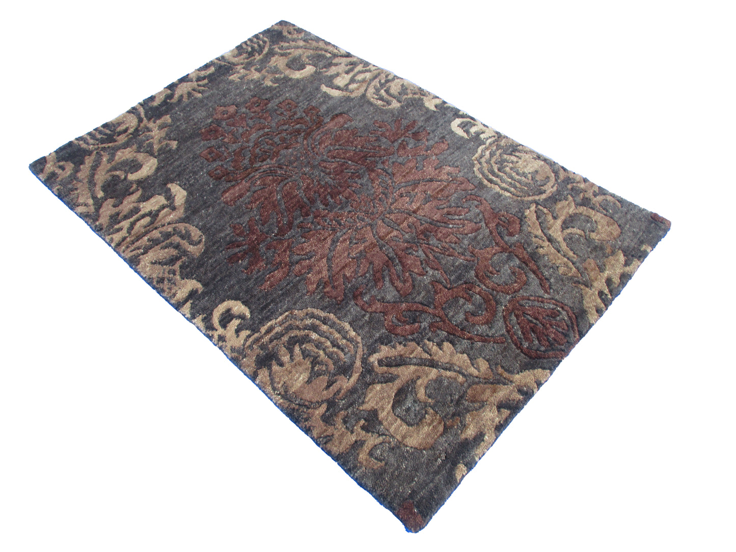 3x2 ft Luxurious Dark Floral Wool Area Rug - Charcoal and Earthy Brown Tones