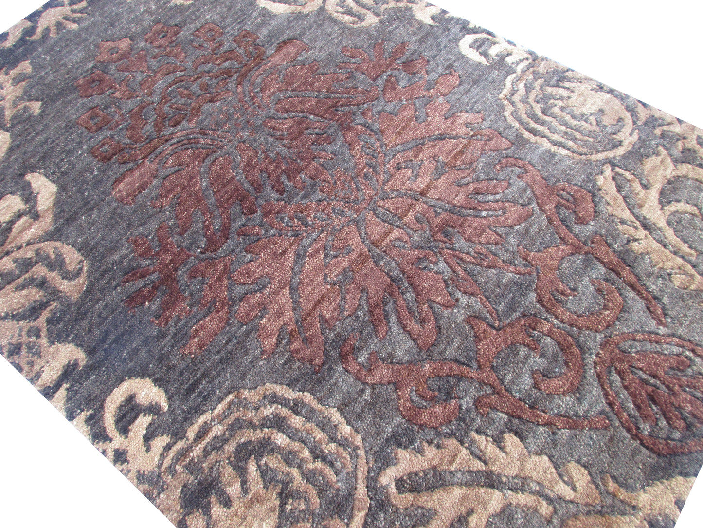 3x2 ft Luxurious Dark Floral Wool Area Rug - Charcoal and Earthy Brown Tones