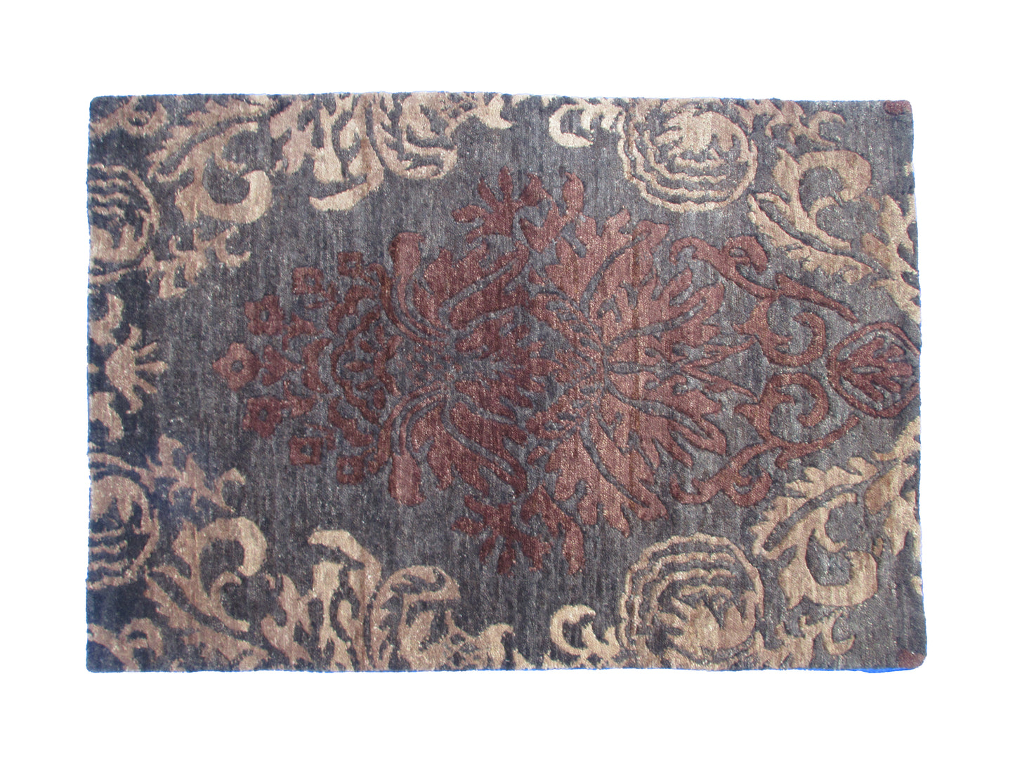 3x2 ft Luxurious Dark Floral Wool Area Rug - Charcoal and Earthy Brown Tones