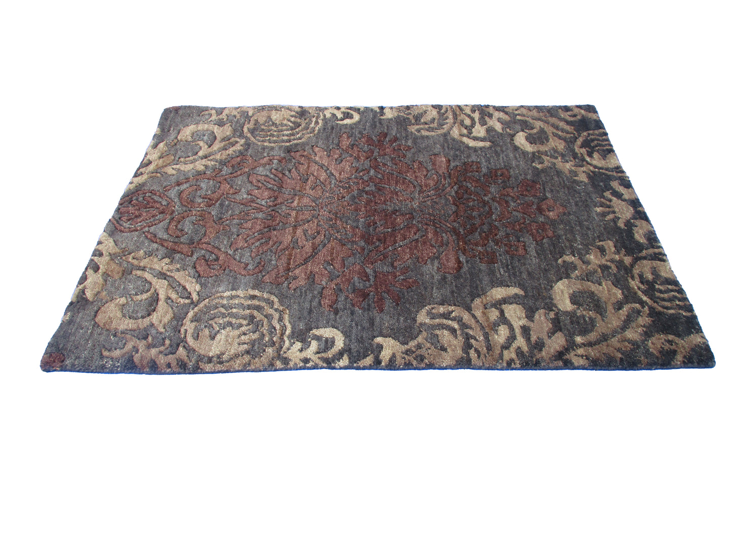 3x2 ft Luxurious Dark Floral Wool Area Rug - Charcoal and Earthy Brown Tones