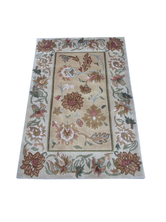 Handmad Floral Wool Area Rug -Lt. Gold | Grey and Earth Tones 3.0X2.0 ft Rug