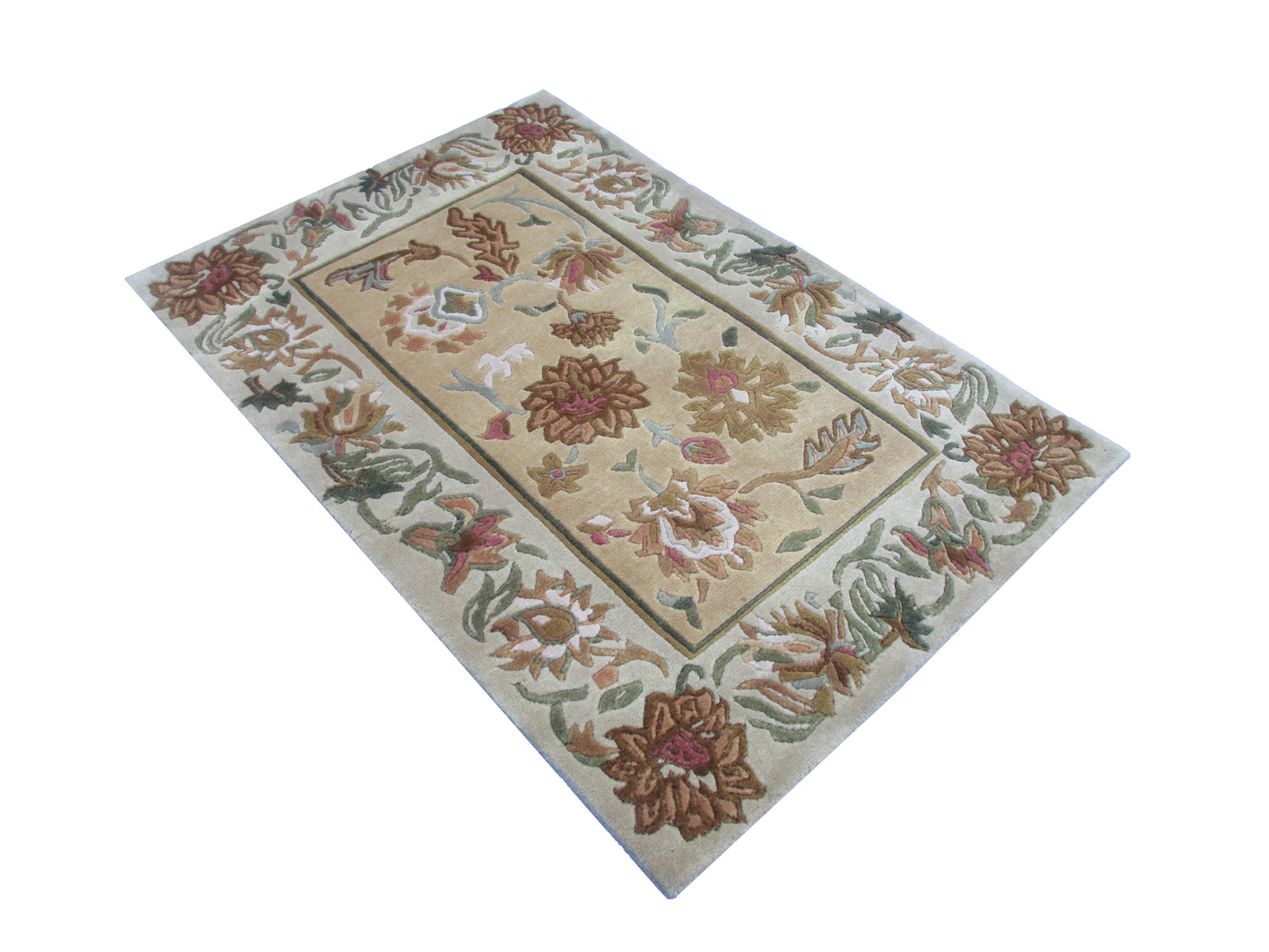 Handmad Floral Wool Area Rug -Lt. Gold | Grey and Earth Tones 3.0X2.0 ft Rug