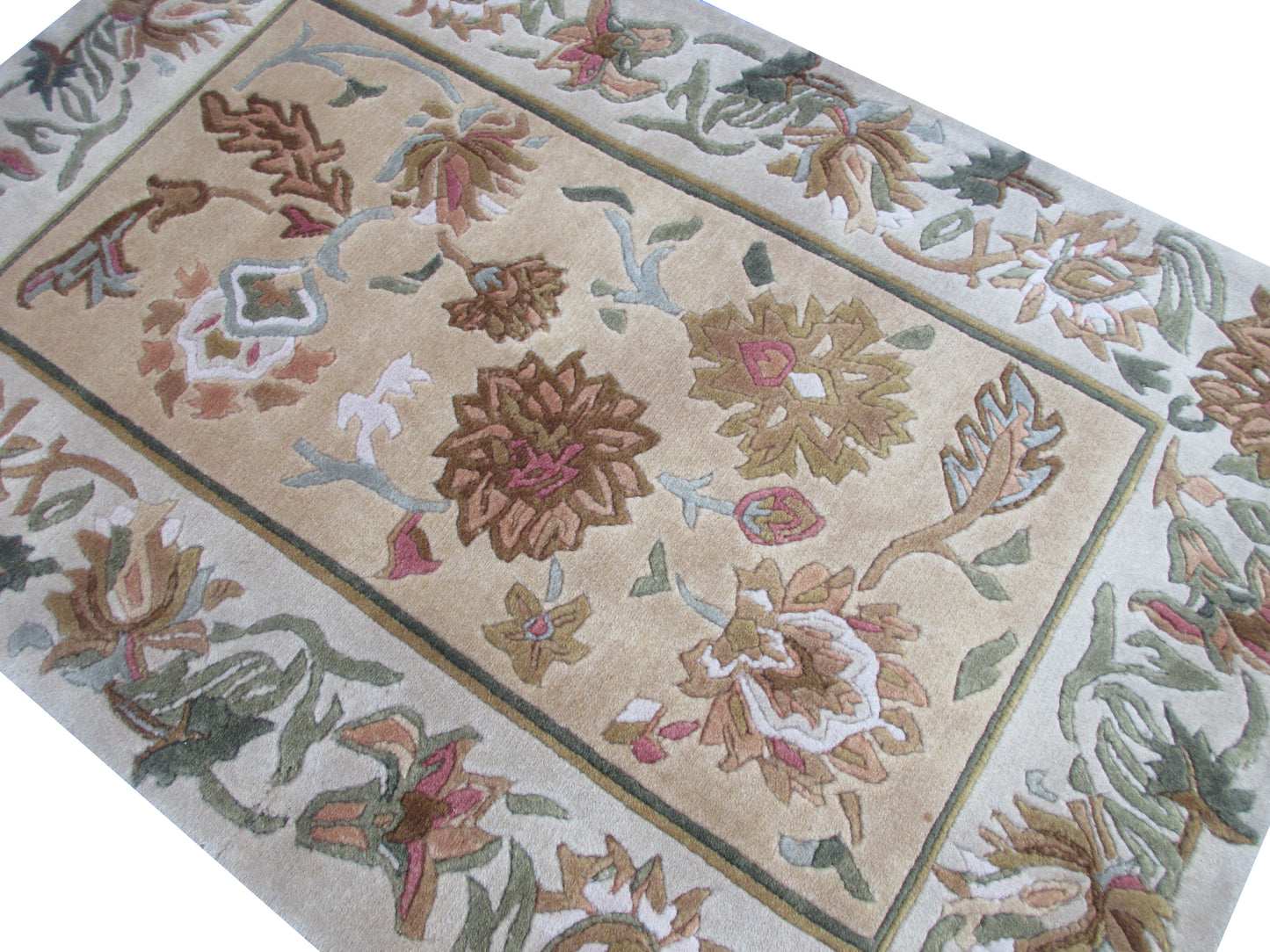 Handmad Floral Wool Area Rug -Lt. Gold | Grey and Earth Tones 3.0X2.0 ft Rug