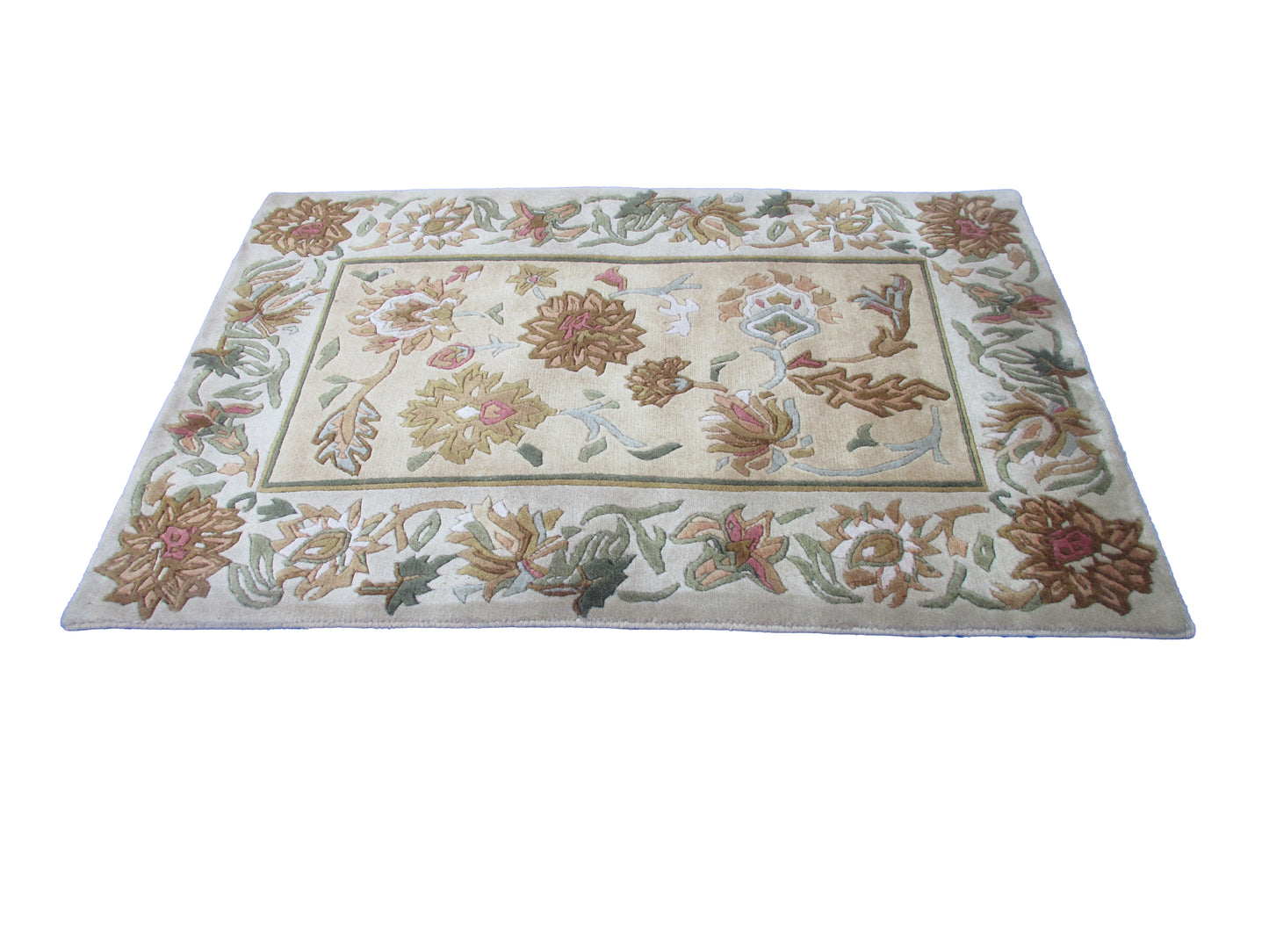 Handmad Floral Wool Area Rug -Lt. Gold | Grey and Earth Tones 3.0X2.0 ft Rug