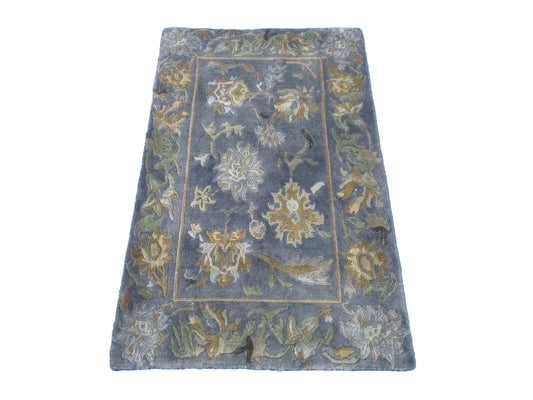 Handwoven Blue Floral Wool 3.0X2.0 feet Rug – Vintage Style Area Carpet