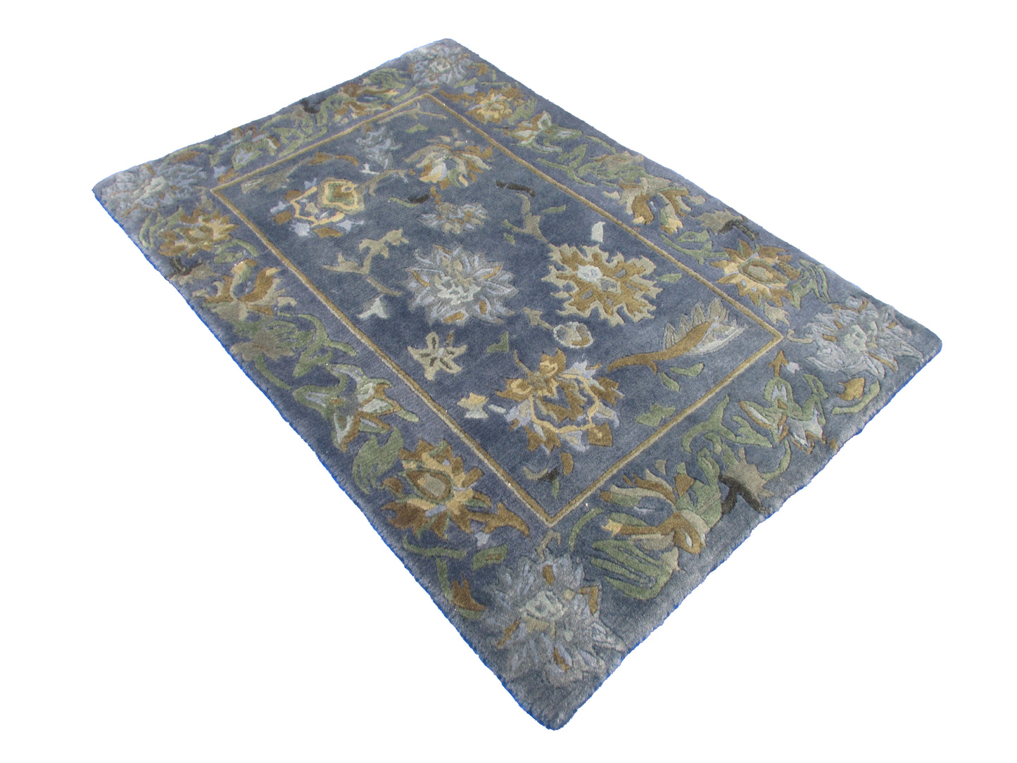 Handwoven Blue Floral Wool 3.0X2.0 feet Rug – Vintage Style Area Carpet