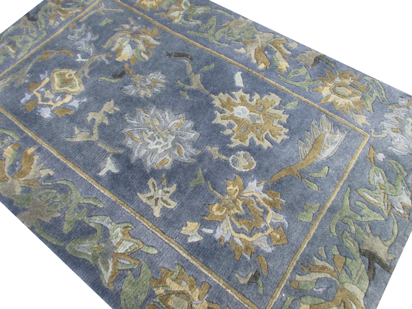 Handwoven Blue Floral Wool 3.0X2.0 feet Rug – Vintage Style Area Carpet