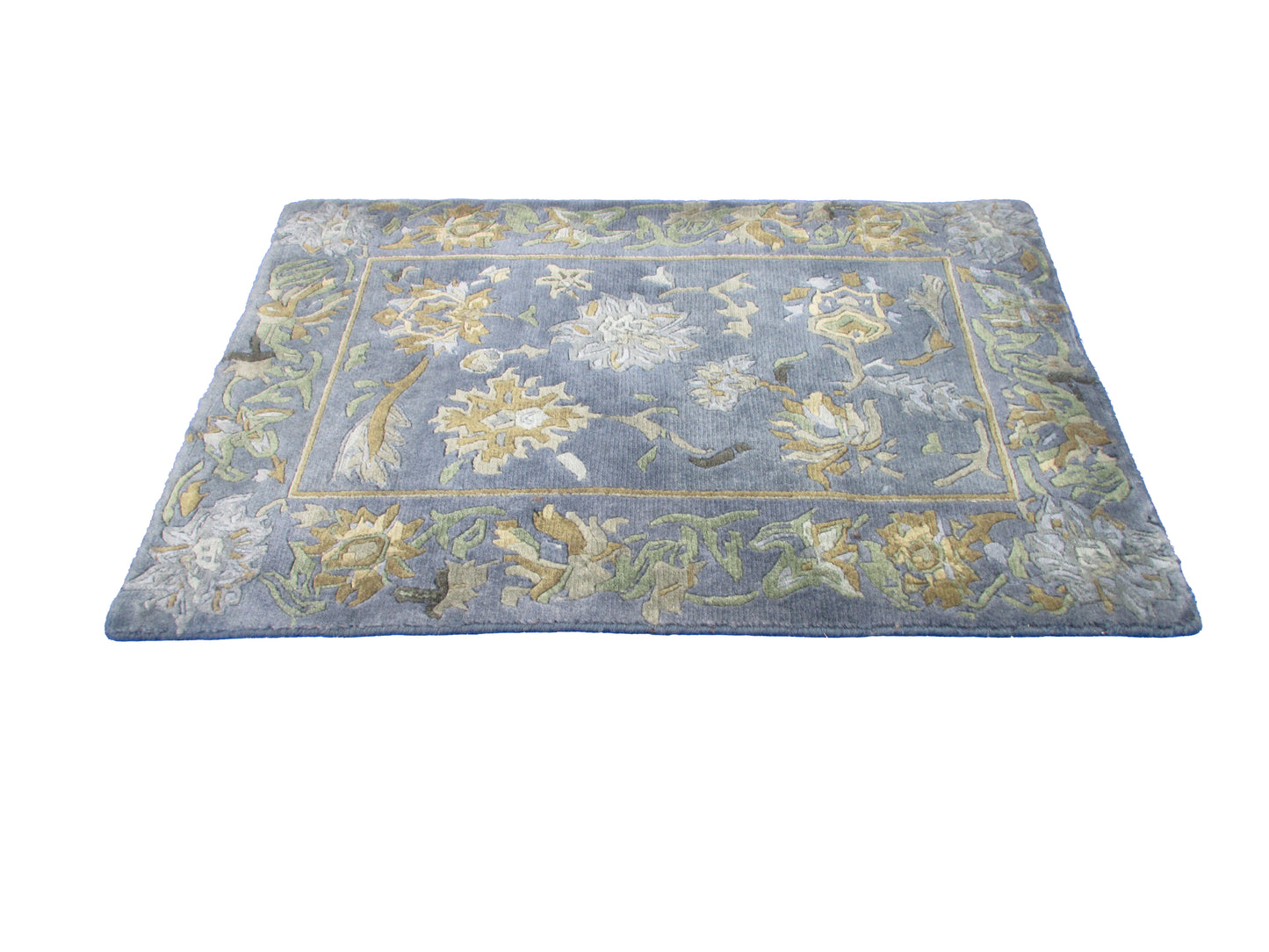 Handwoven Blue Floral Wool 3.0X2.0 feet Rug – Vintage Style Area Carpet