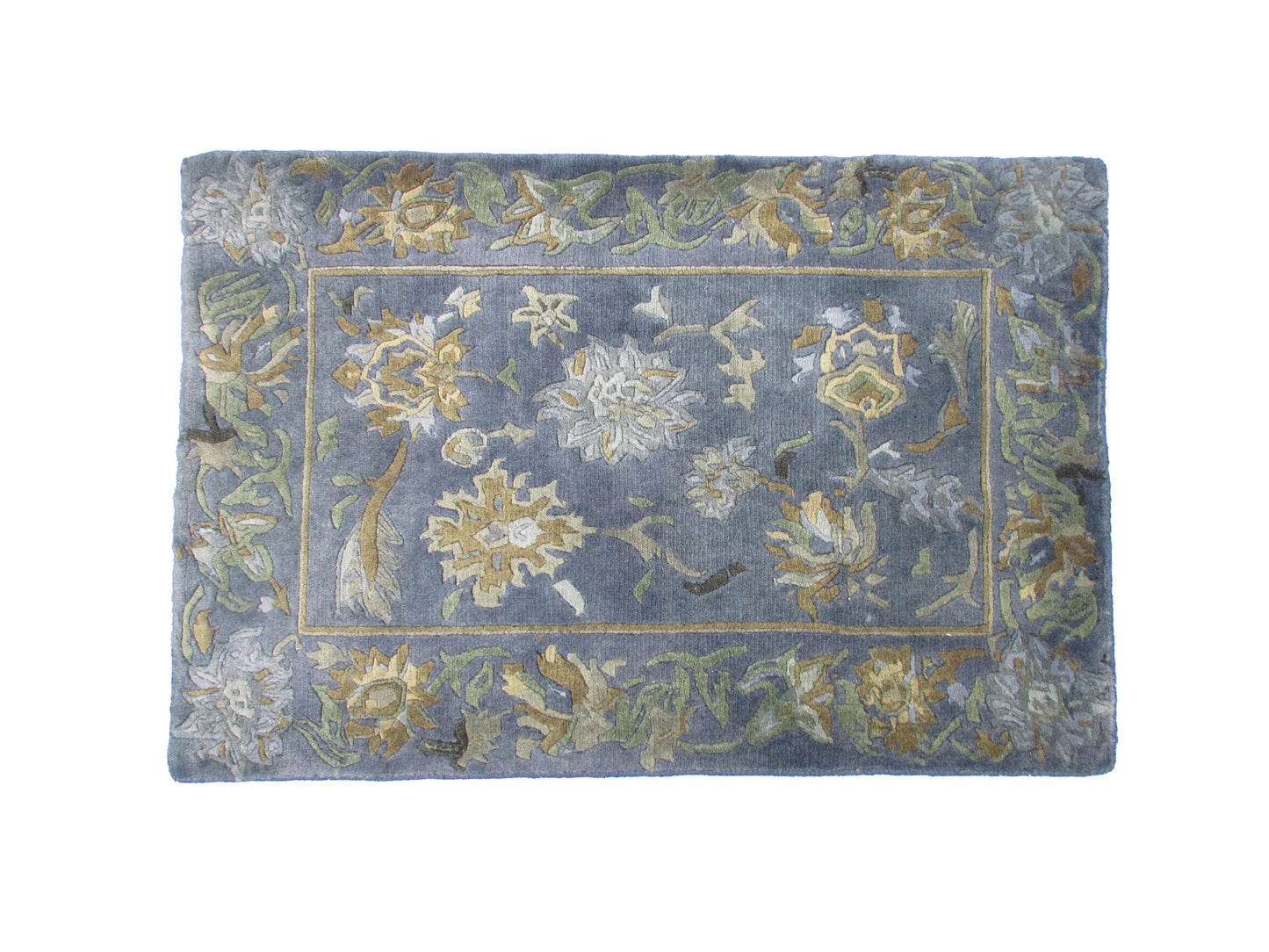 Handwoven Blue Floral Wool 3.0X2.0 feet Rug – Vintage Style Area Carpet