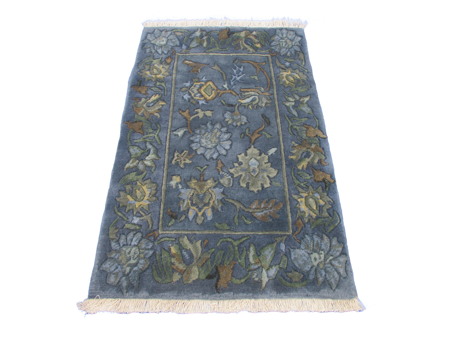 Handmade Wool Floral Area Rug with Blue and Earth Tone Accents | Traditional Design Rug