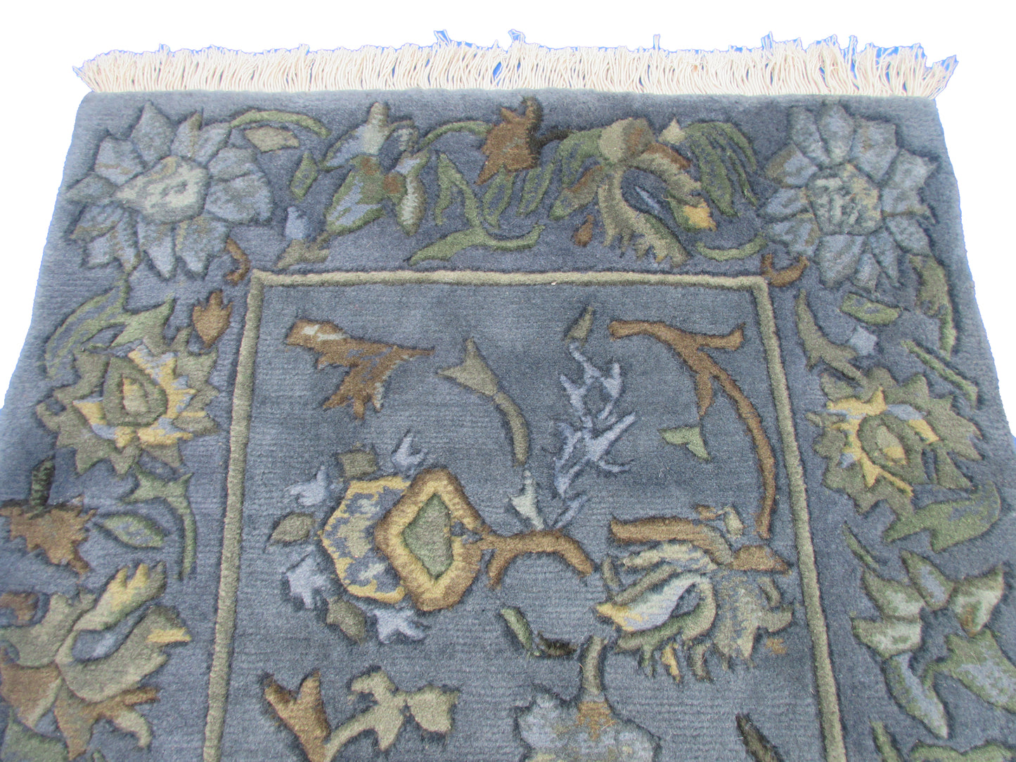 Handmade Wool Floral Area Rug with Blue and Earth Tone Accents | Traditional Design Rug