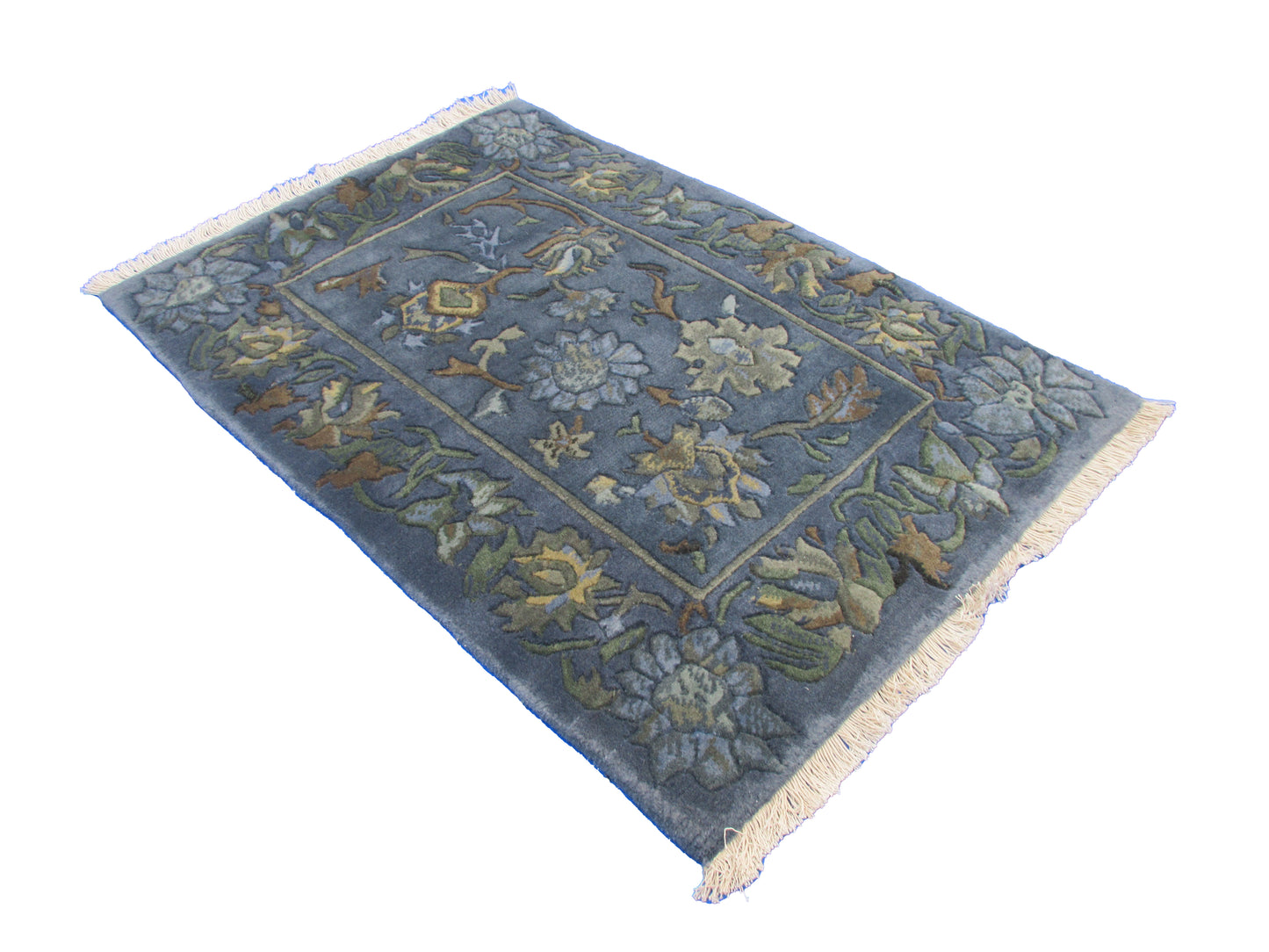 Handmade Wool Floral Area Rug with Blue and Earth Tone Accents | Traditional Design Rug