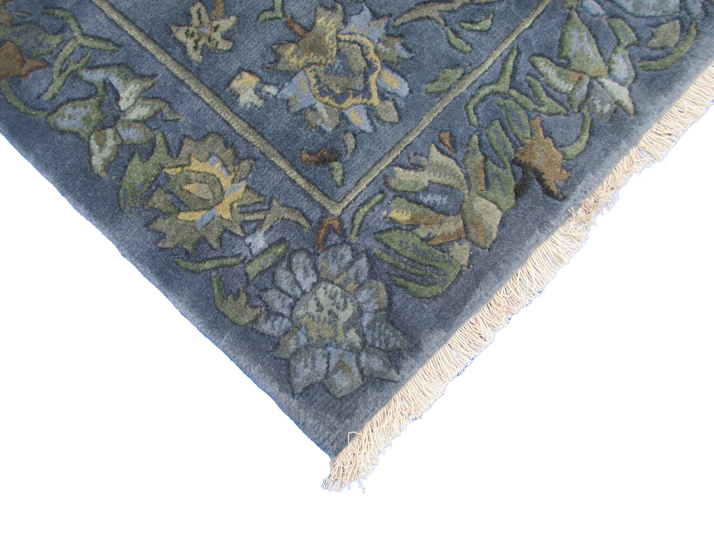 Handmade Wool Floral Area Rug with Blue and Earth Tone Accents | Traditional Design Rug