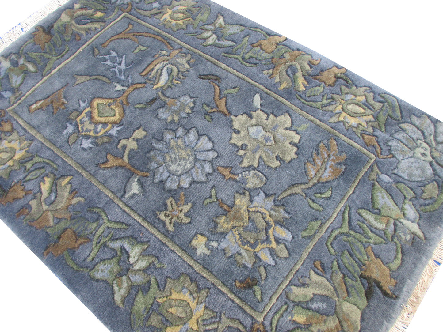 Handmade Wool Floral Area Rug with Blue and Earth Tone Accents | Traditional Design Rug