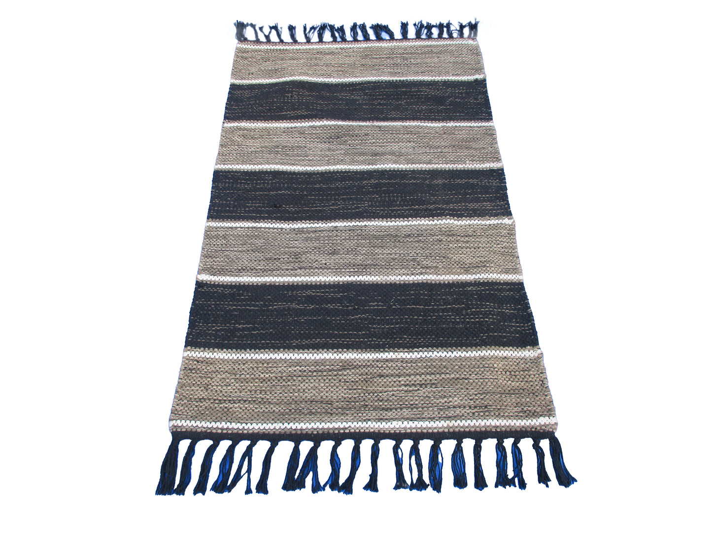 Handwoven Black and Beige Striped Area Rug with Fringe – Bohemian-Style Home Décor