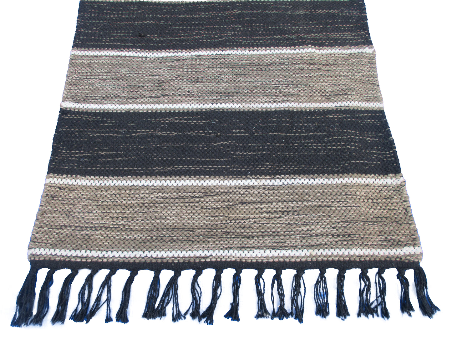 Handwoven Black and Beige Striped Area Rug with Fringe – Bohemian-Style Home Décor