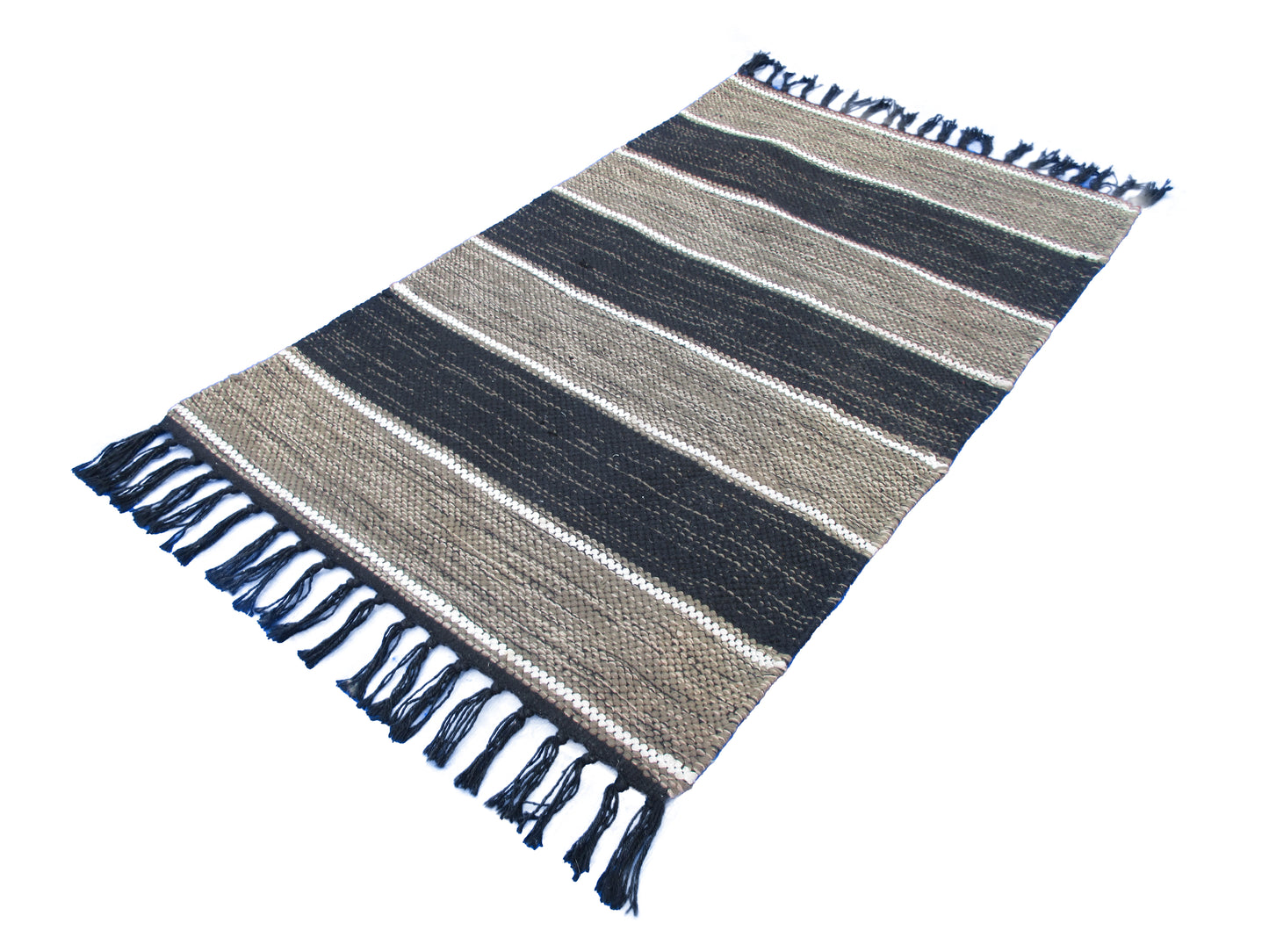 Handwoven Black and Beige Striped Area Rug with Fringe – Bohemian-Style Home Décor