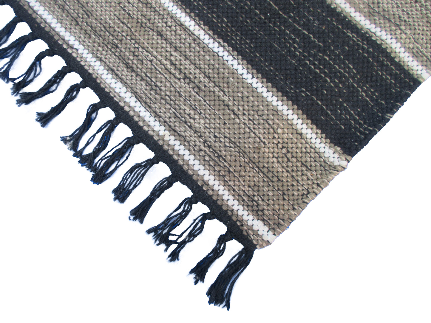 Handwoven Black and Beige Striped Area Rug with Fringe – Bohemian-Style Home Décor