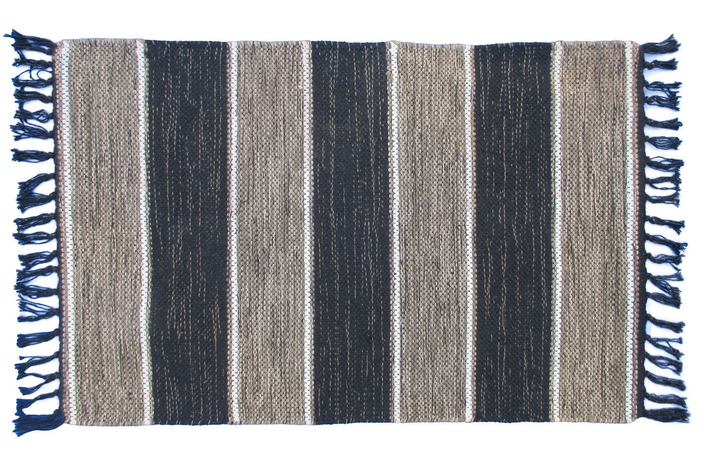 Handwoven Black and Beige Striped Area Rug with Fringe – Bohemian-Style Home Décor