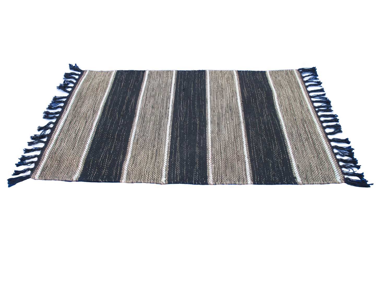 Handwoven Black and Beige Striped Area Rug with Fringe – Bohemian-Style Home Décor