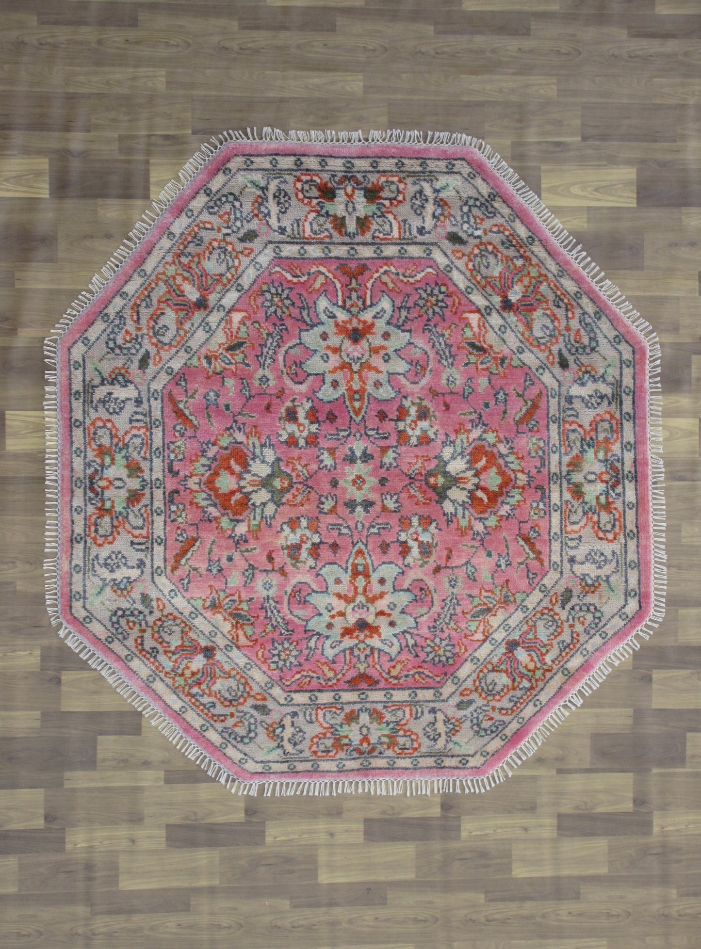 Handmade Octagonal Floral Pink Wool Rug - 6.4ft x 5.11 ft Vintage Inspired Carpet