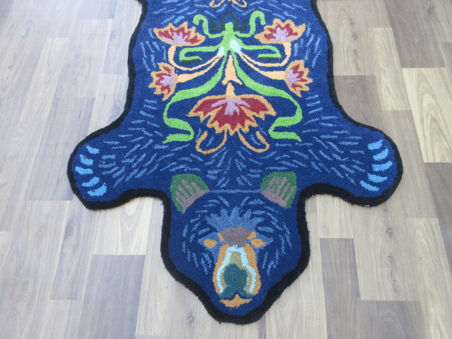 Handmade Aztec Bear Rug Unique Tribal Design, Wool Tufted, 5x3 ft Blue Area Rug