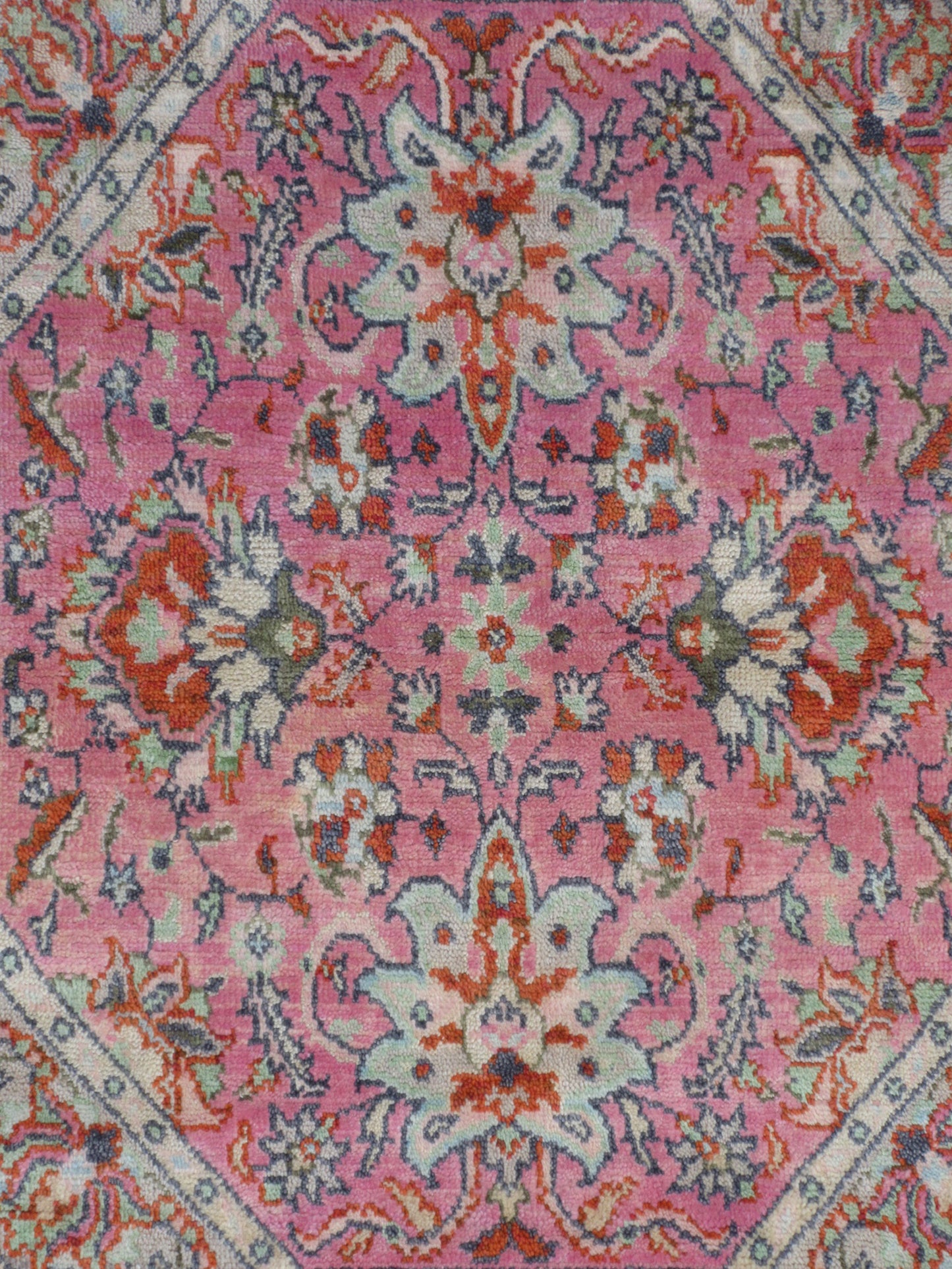 Handmade Octagonal Floral Pink Wool Rug - 6.4ft x 5.11 ft Vintage Inspired Carpet