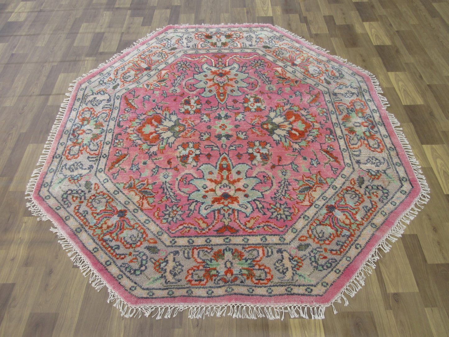 Handmade Octagonal Floral Pink Wool Rug - 6.4ft x 5.11 ft Vintage Inspired Carpet