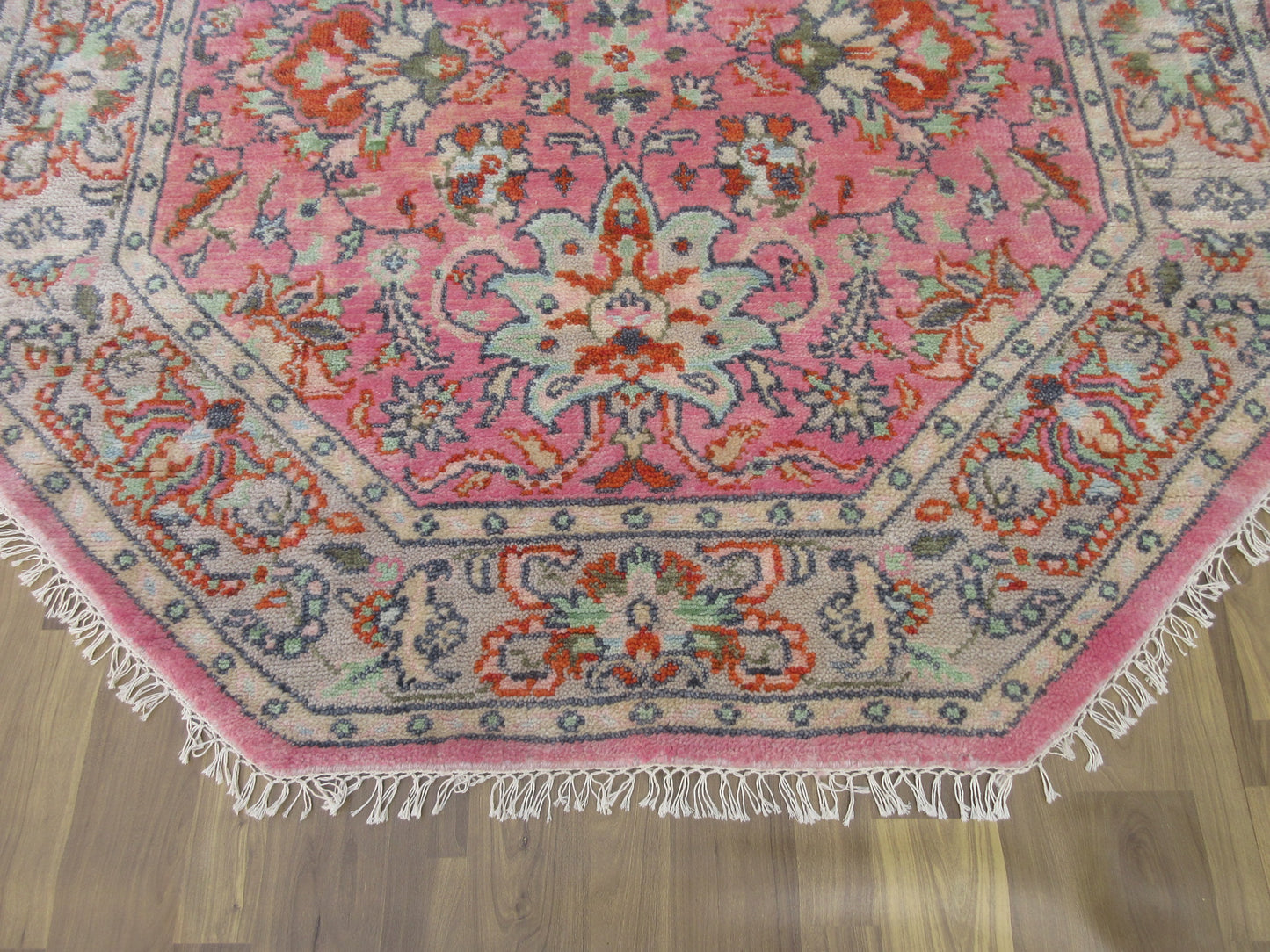 Handmade Octagonal Floral Pink Wool Rug - 6.4ft x 5.11 ft Vintage Inspired Carpet