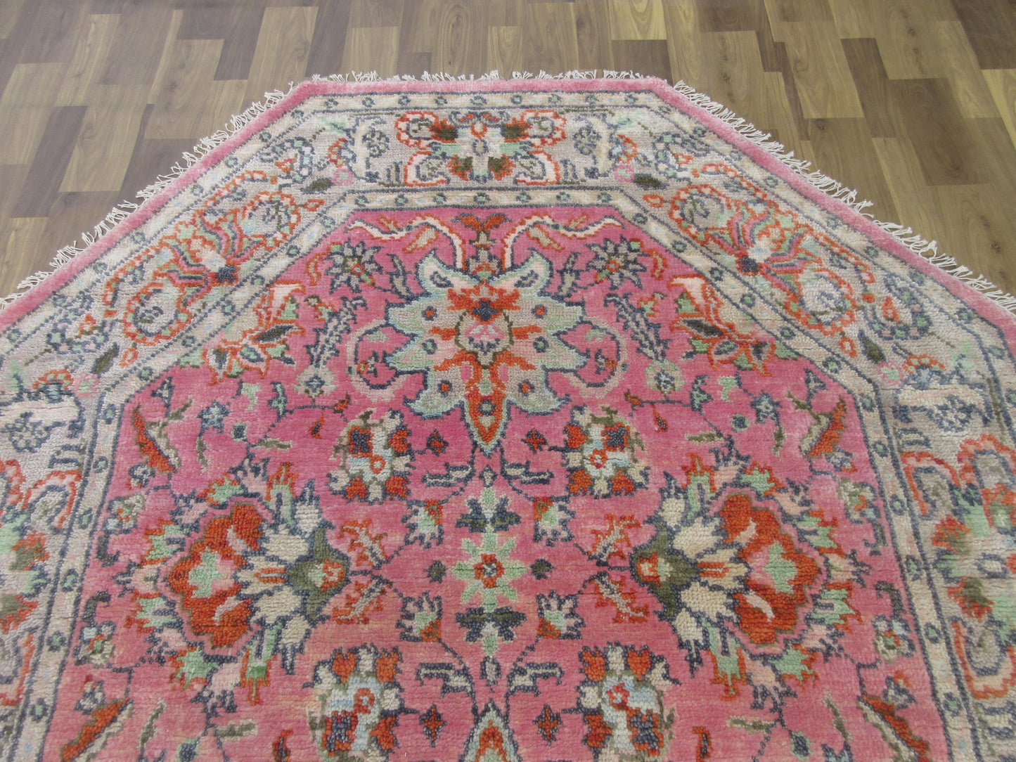 Handmade Octagonal Floral Pink Wool Rug - 6.4ft x 5.11 ft Vintage Inspired Carpet