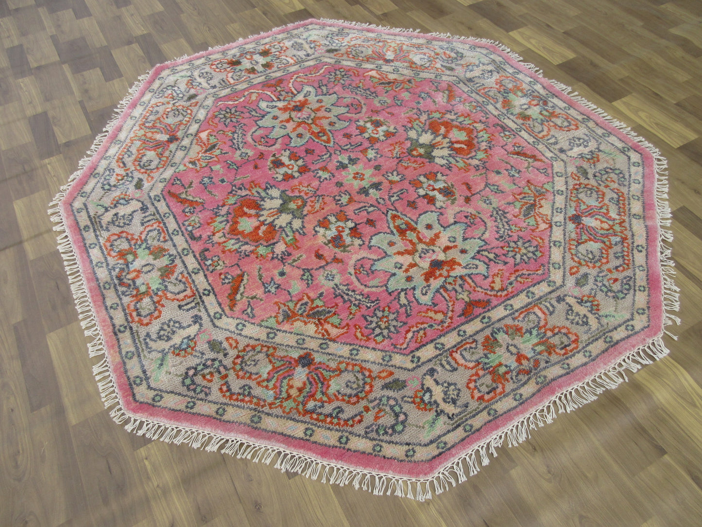 Handmade Octagonal Floral Pink Wool Rug - 6.4ft x 5.11 ft Vintage Inspired Carpet