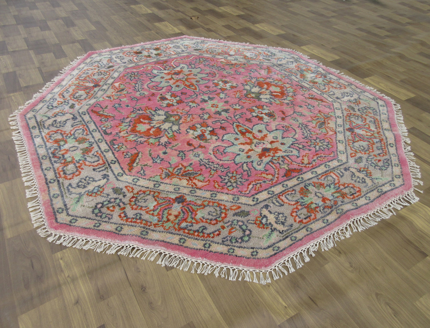 Handmade Octagonal Floral Pink Wool Rug - 6.4ft x 5.11 ft Vintage Inspired Carpet