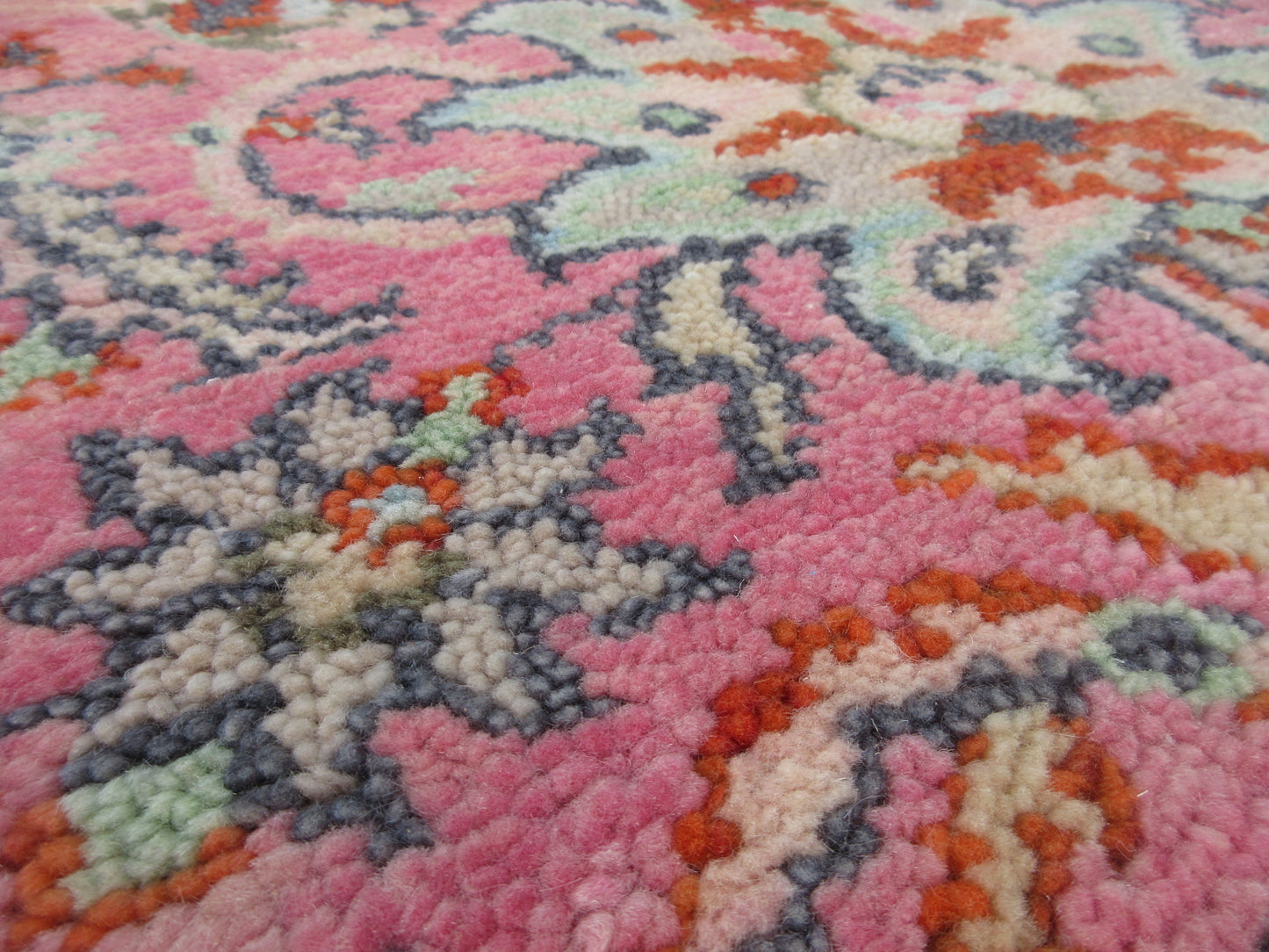 Handmade Octagonal Floral Pink Wool Rug - 6.4ft x 5.11 ft Vintage Inspired Carpet