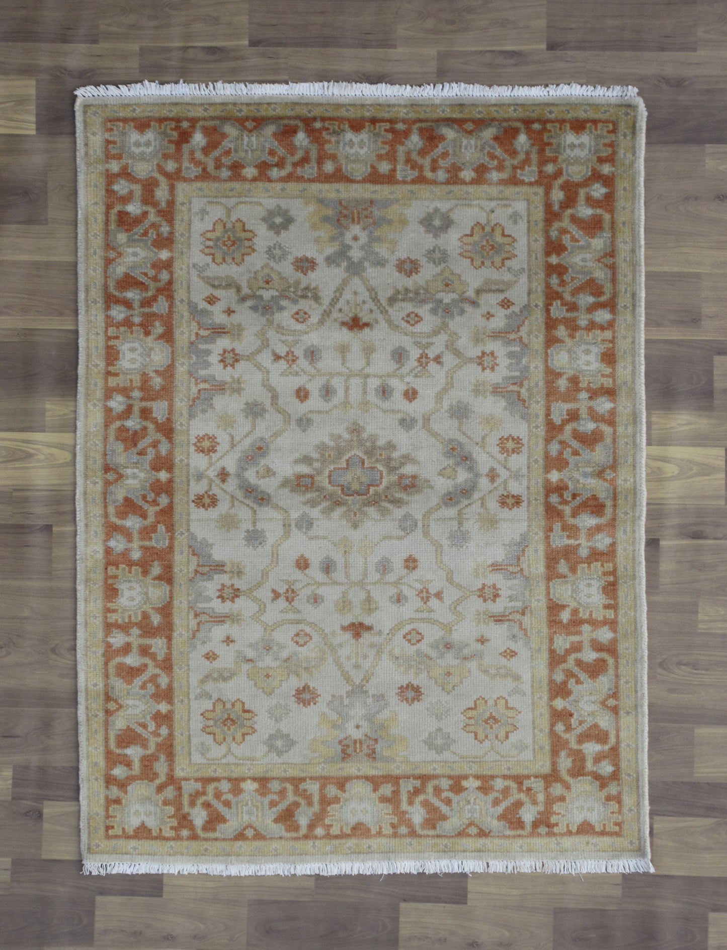 Hand-Knotted Turkish Oushak Wool Rug 5.4x3.9 ft Vintage Beige | Rust Area Rug