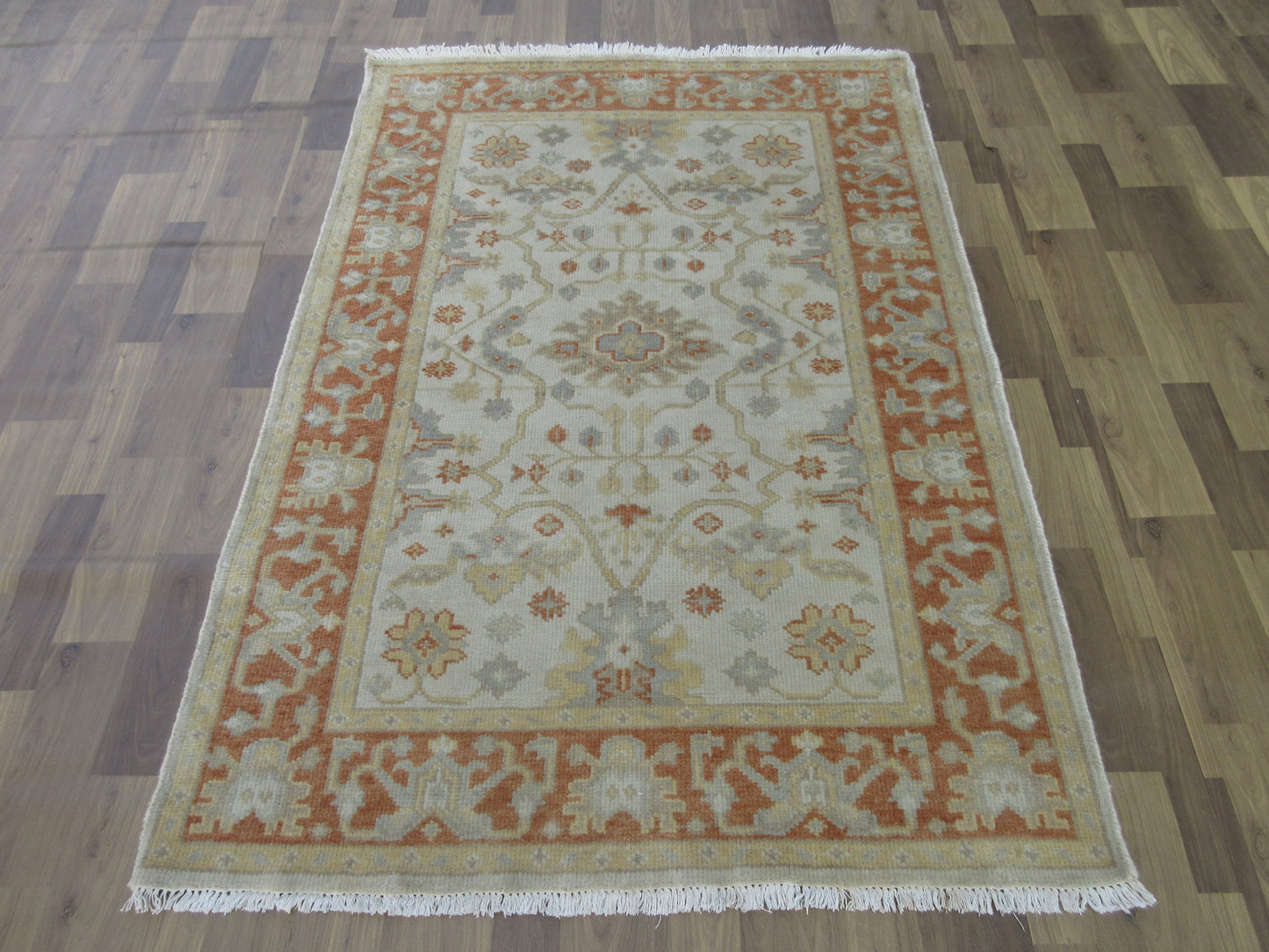 Hand-Knotted Turkish Oushak Wool Rug 5.4x3.9 ft Vintage Beige | Rust Area Rug