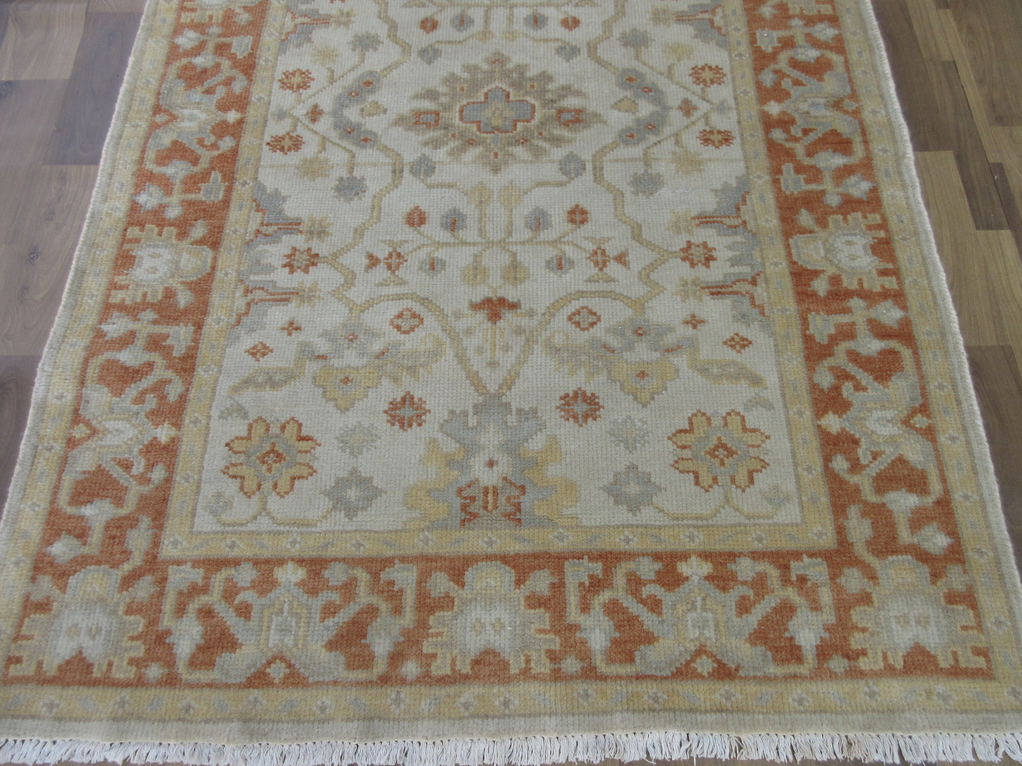 Hand-Knotted Turkish Oushak Wool Rug 5.4x3.9 ft Vintage Beige | Rust Area Rug