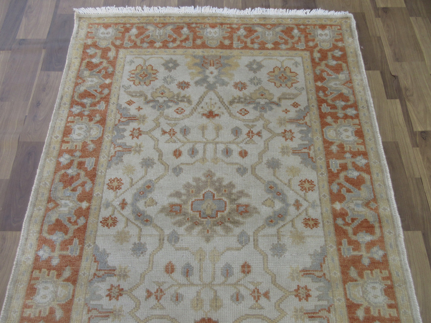 Hand-Knotted Turkish Oushak Wool Rug 5.4x3.9 ft Vintage Beige | Rust Area Rug