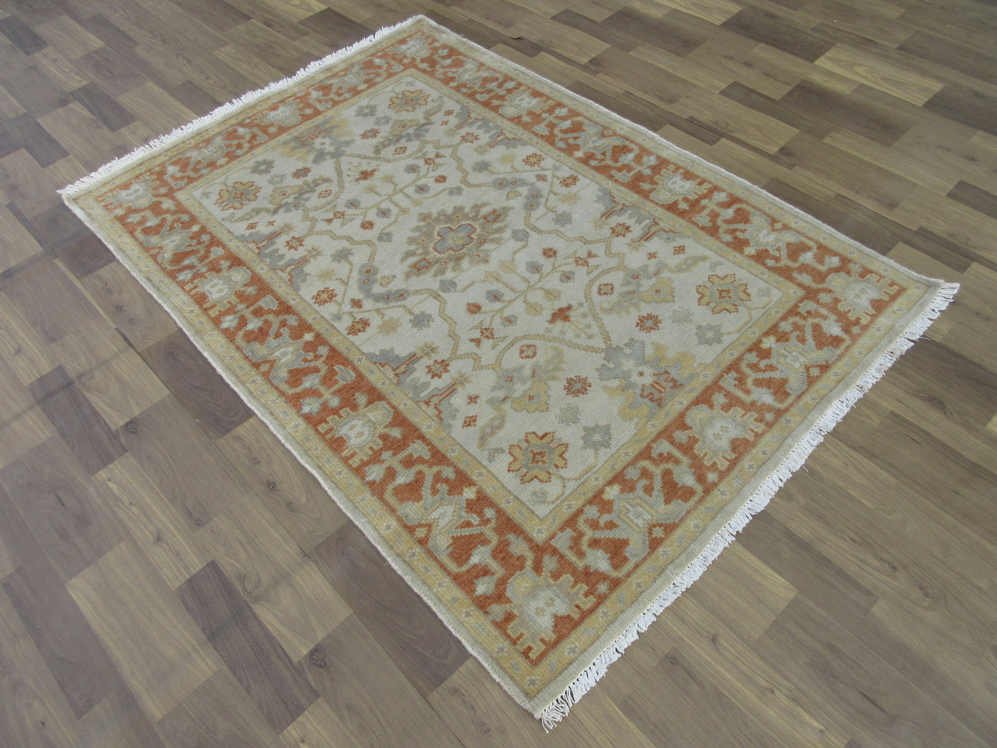 Hand-Knotted Turkish Oushak Wool Rug 5.4x3.9 ft Vintage Beige | Rust Area Rug