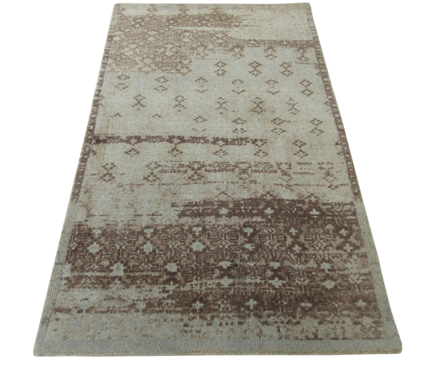 5x3 ft Hand-Tufted Wool Area Rug - Beige & Brown Distressed Vintage Pattern Rug