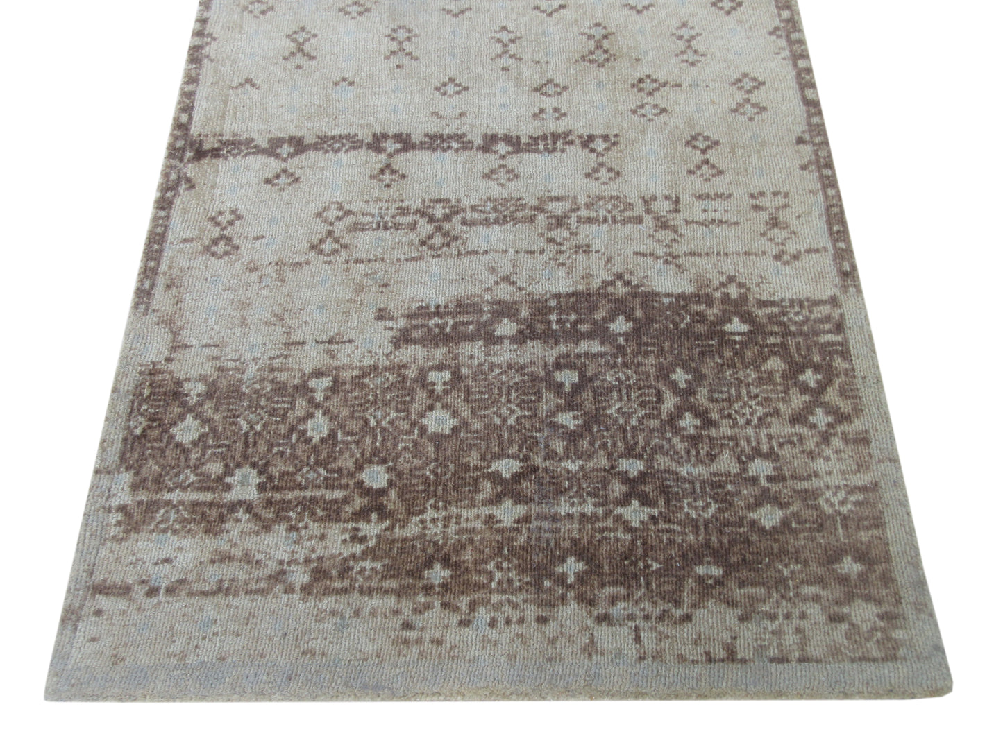 5x3 ft Hand-Tufted Wool Area Rug - Beige & Brown Distressed Vintage Pattern Rug