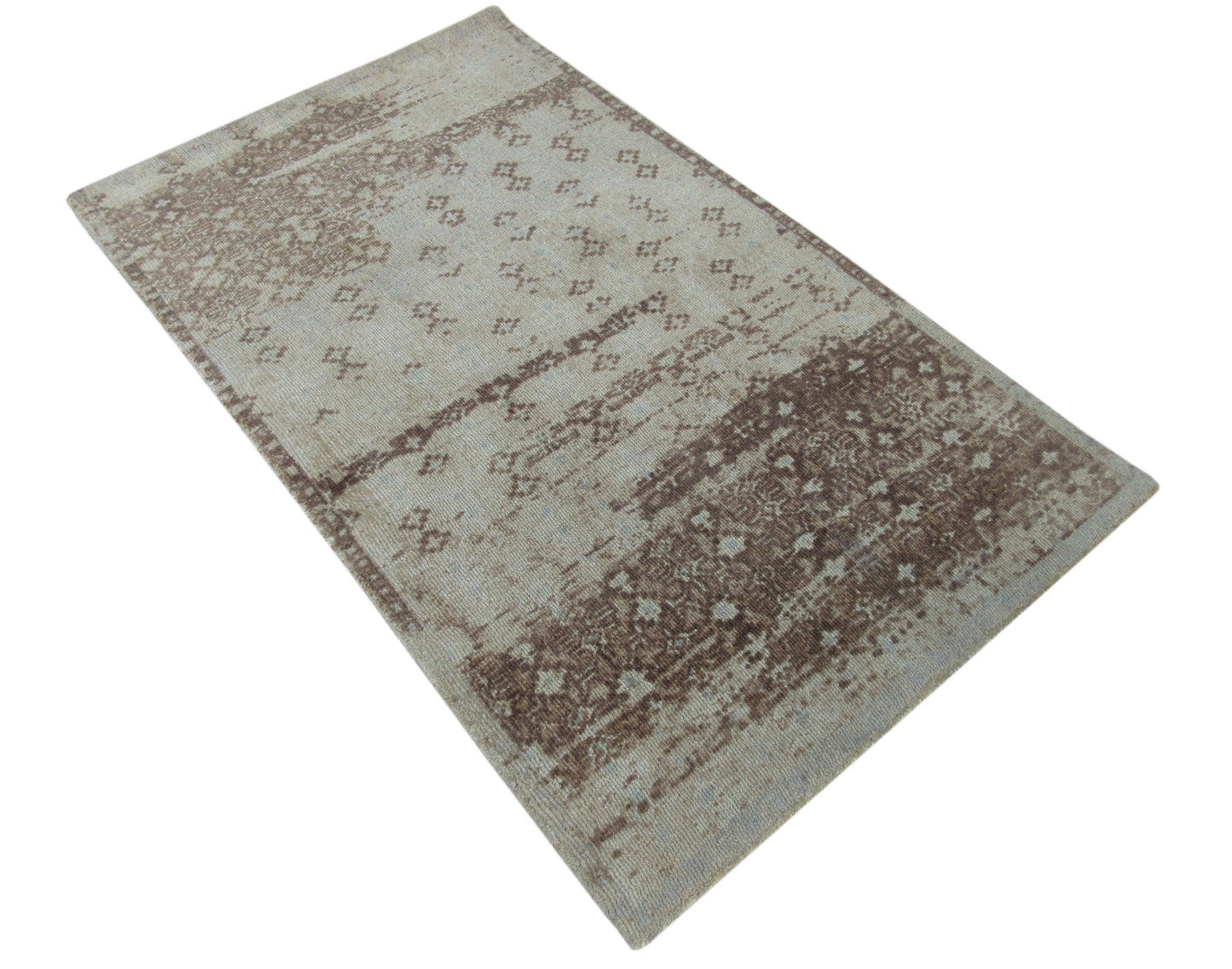 5x3 ft Hand-Tufted Wool Area Rug - Beige & Brown Distressed Vintage Pattern Rug