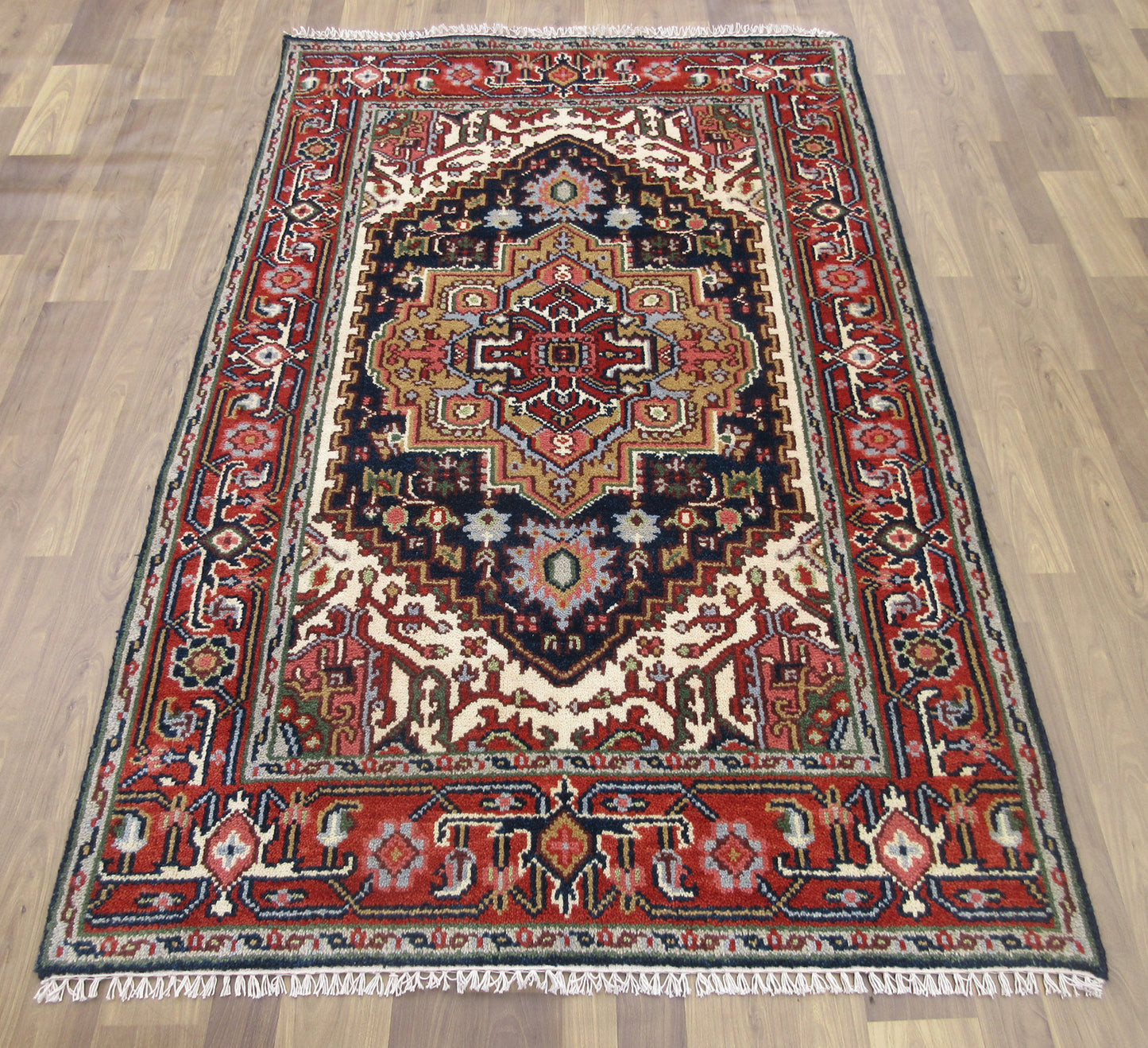 Handmade Wool Rug 6x4 ft - Blue & Red Traditional Medallion Rug for Living Room