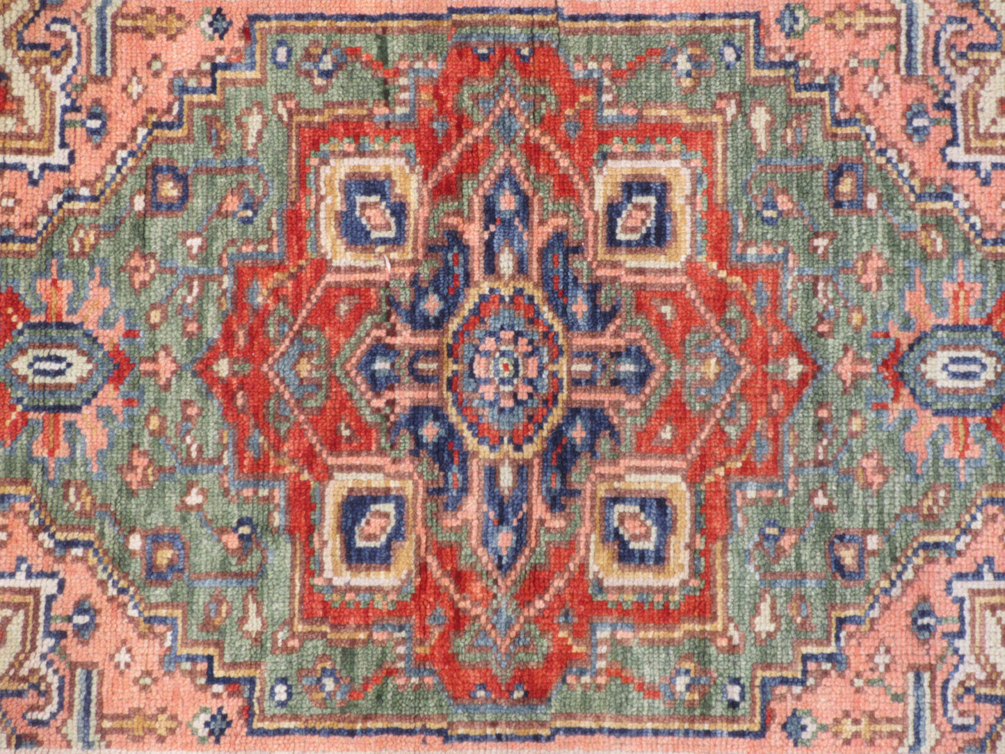 Handmade Wool Area Rug 6x4 ft - Red, Green & Peach Geometric Medallion Pattern