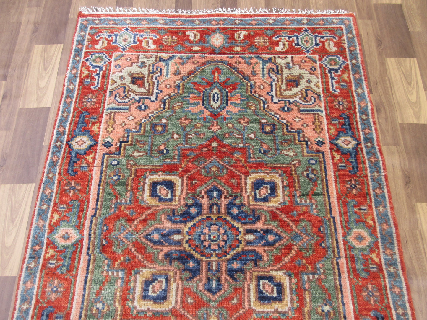 Handmade Wool Area Rug 6x4 ft - Red, Green & Peach Geometric Medallion Pattern