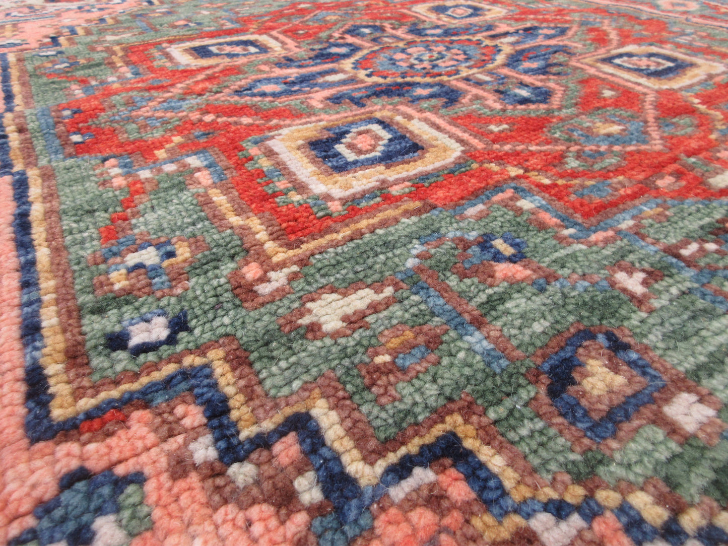 Handmade Wool Area Rug 6x4 ft - Red, Green & Peach Geometric Medallion Pattern