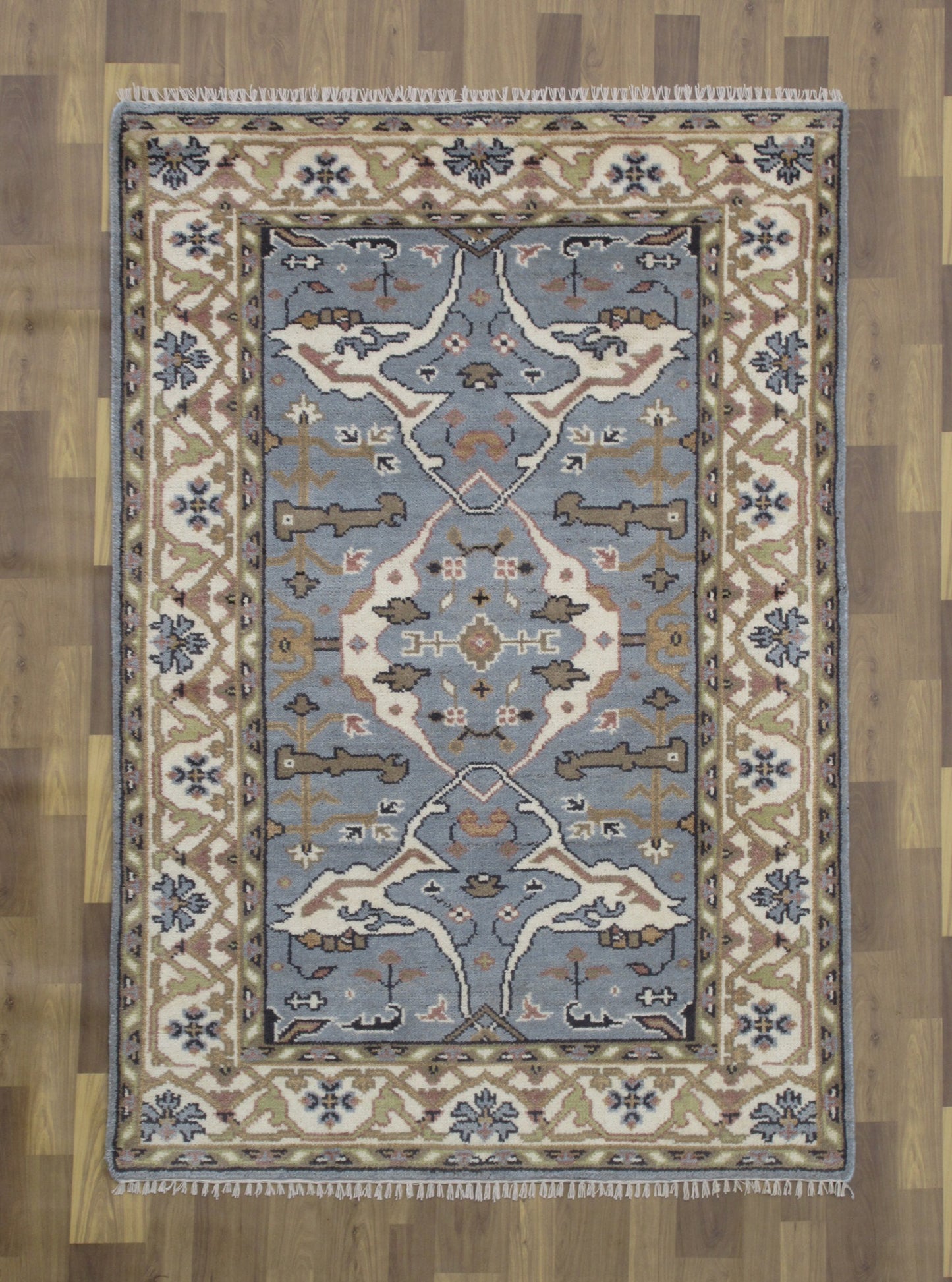 Handmade Wool Rug 6x4 ft - Blue, Beige & Olive Traditional Floral Pattern Rug