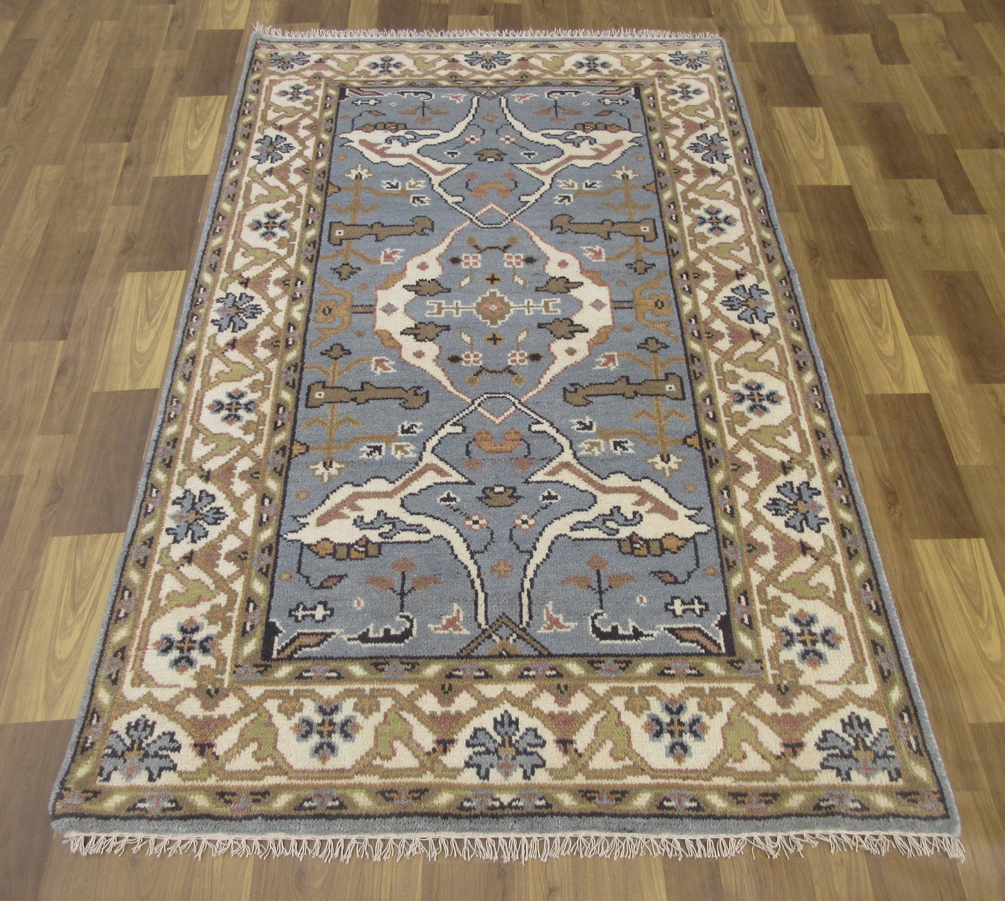 Handmade Wool Rug 6x4 ft - Blue, Beige & Olive Traditional Floral Pattern Rug