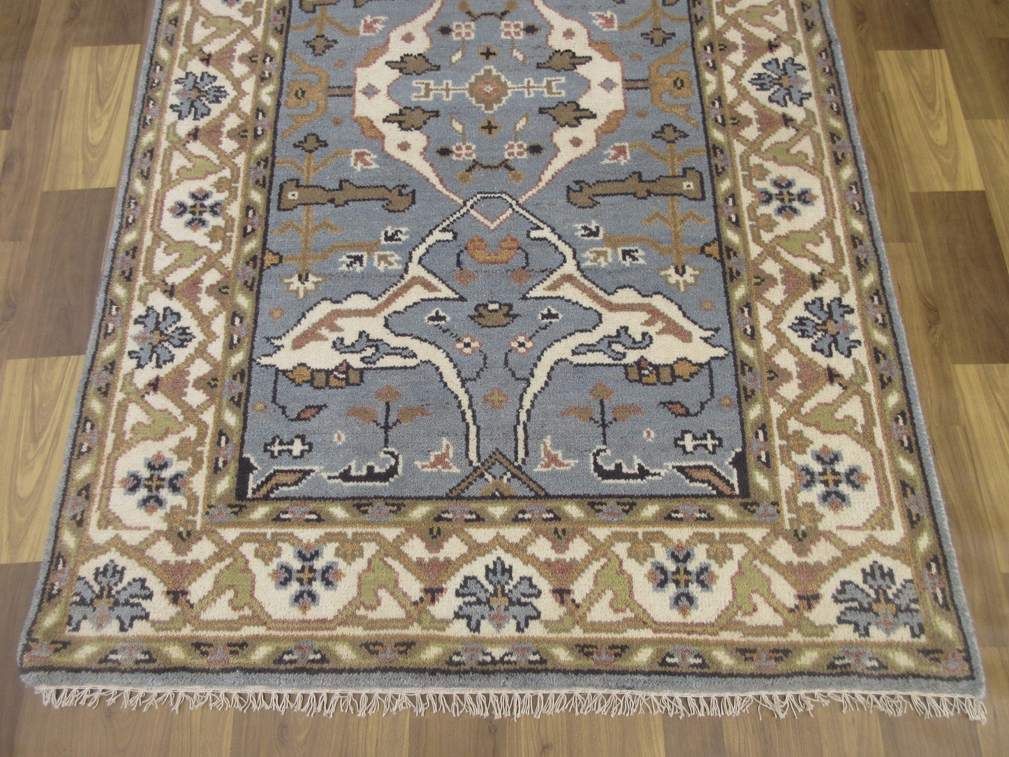 Handmade Wool Rug 6x4 ft - Blue, Beige & Olive Traditional Floral Pattern Rug